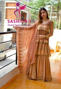 Brown Colour Sharara Salwar Kameez With Dupatta Work